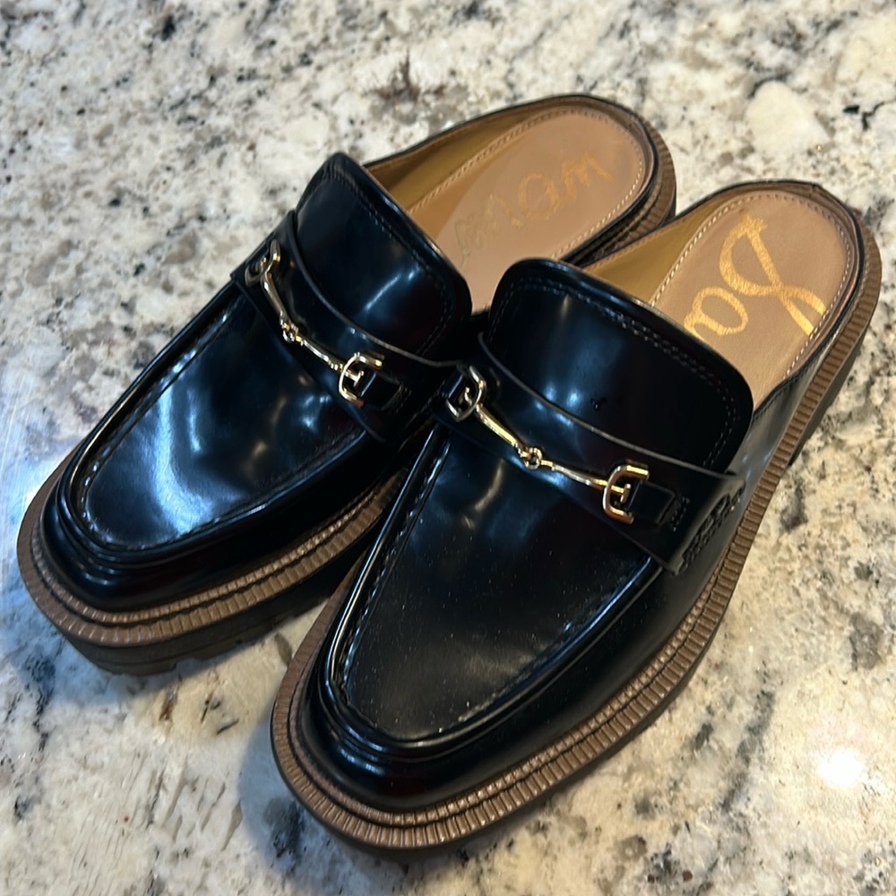 Sam Edelman Black Patent Leather Slip-On Mules with Gold Buckle